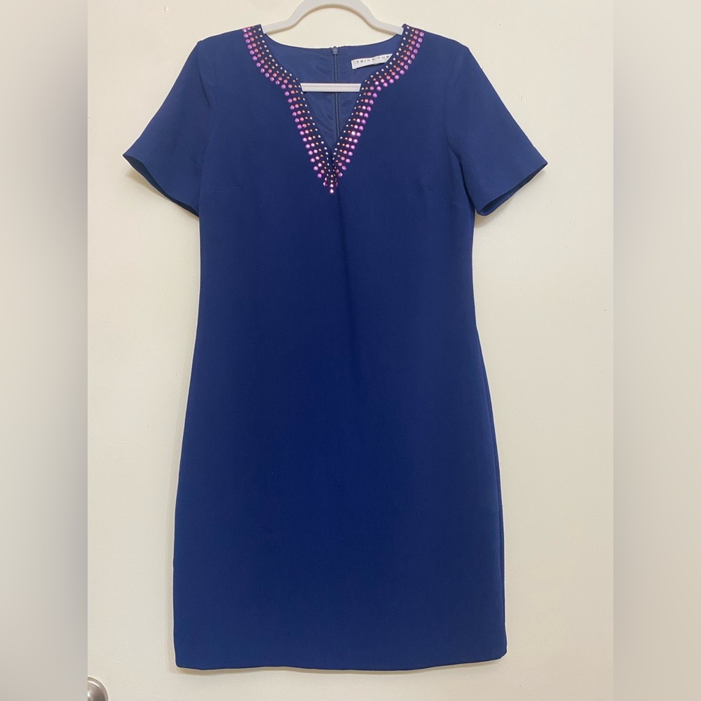 Trina Turk Navy Mini Dress with Pink & White Beaded V-Neckline - Picture 3 of 8